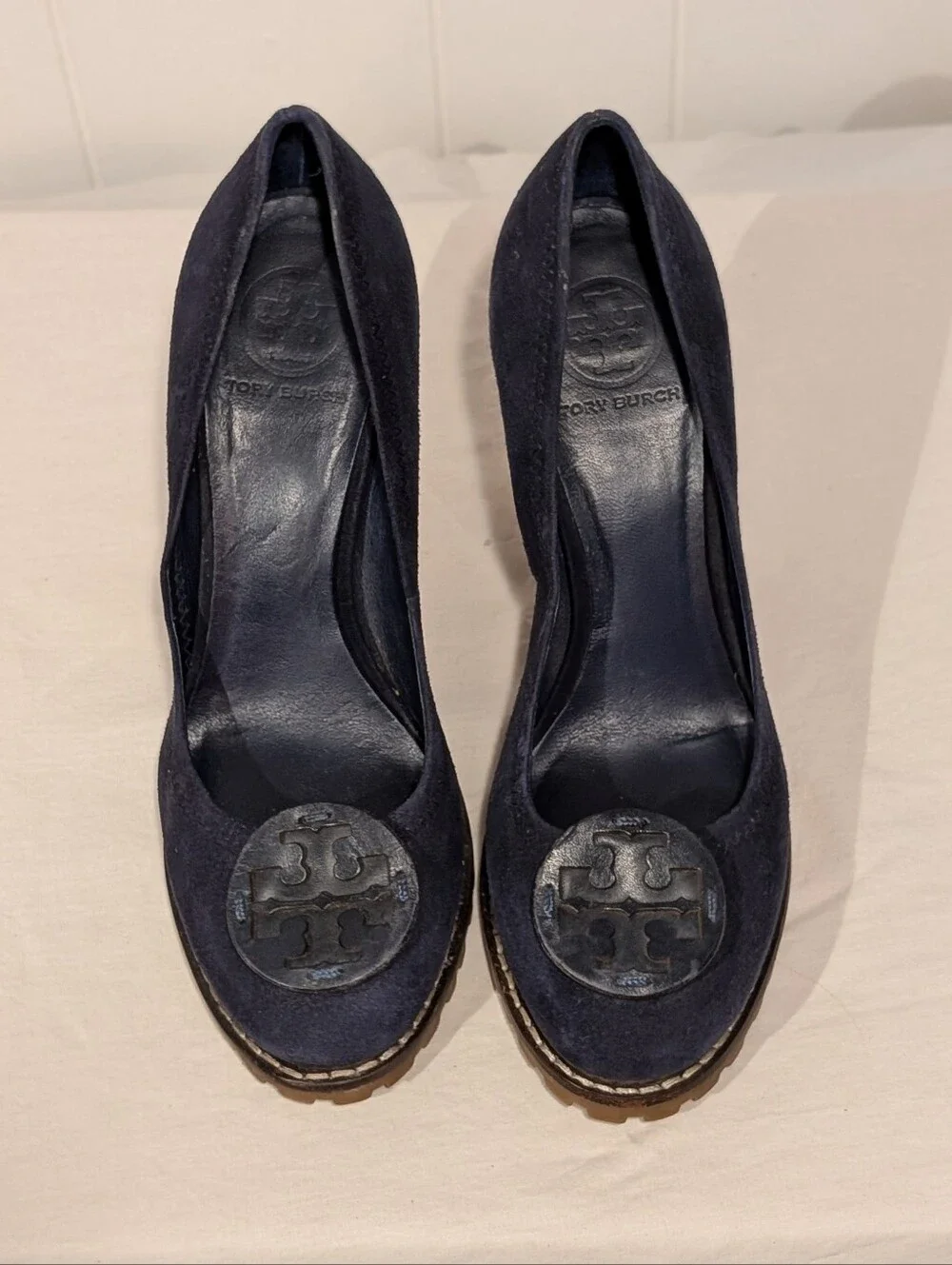 Tory Burch Navy Suede Block Heel Pumps